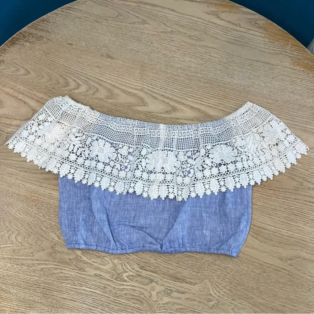 Miguelina Dakota Chambray Lace Crochet Off The Shoulder Crop Top Blue Size Small - Picture 4 of 8